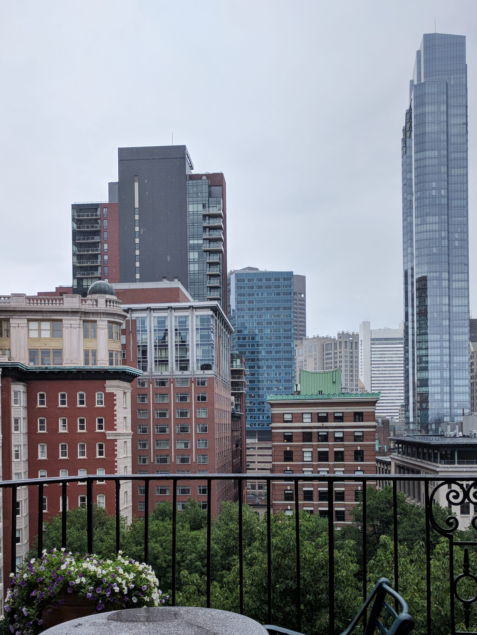 city skyline from the fifth floor of the Boston Athenaeum on a cloudy day