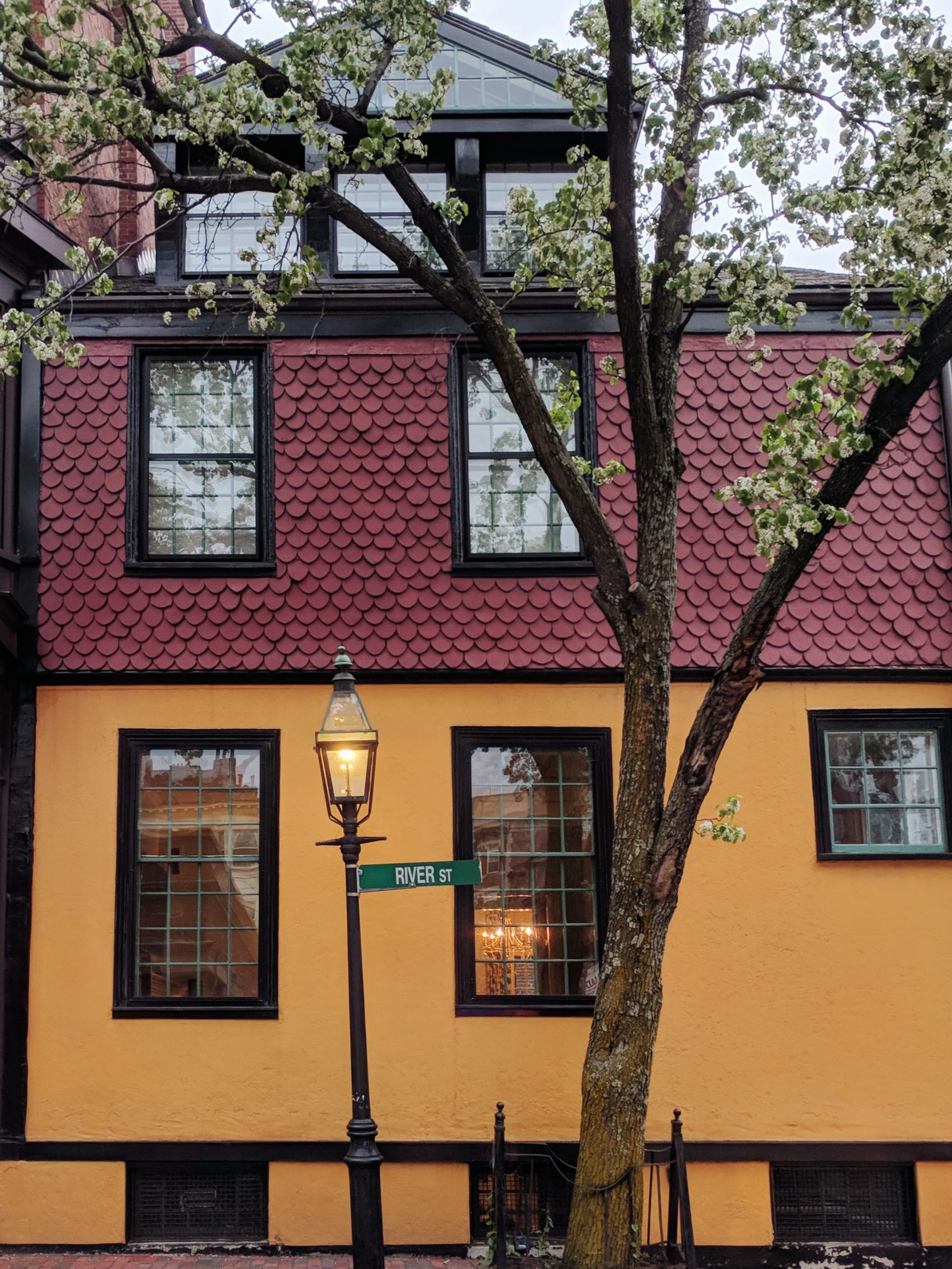 a purple and orange color block house in Beacon Hill