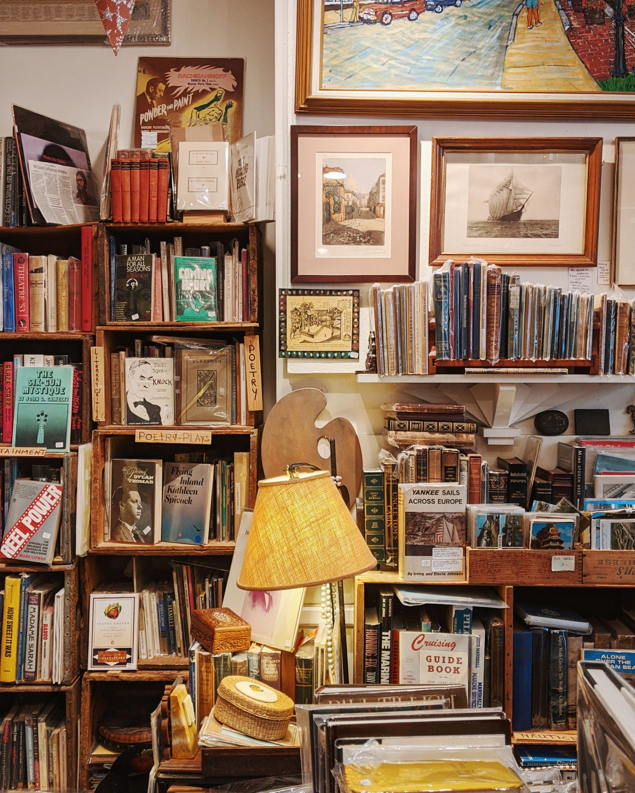 Vintage bookstore with shelves of old books and old paintings