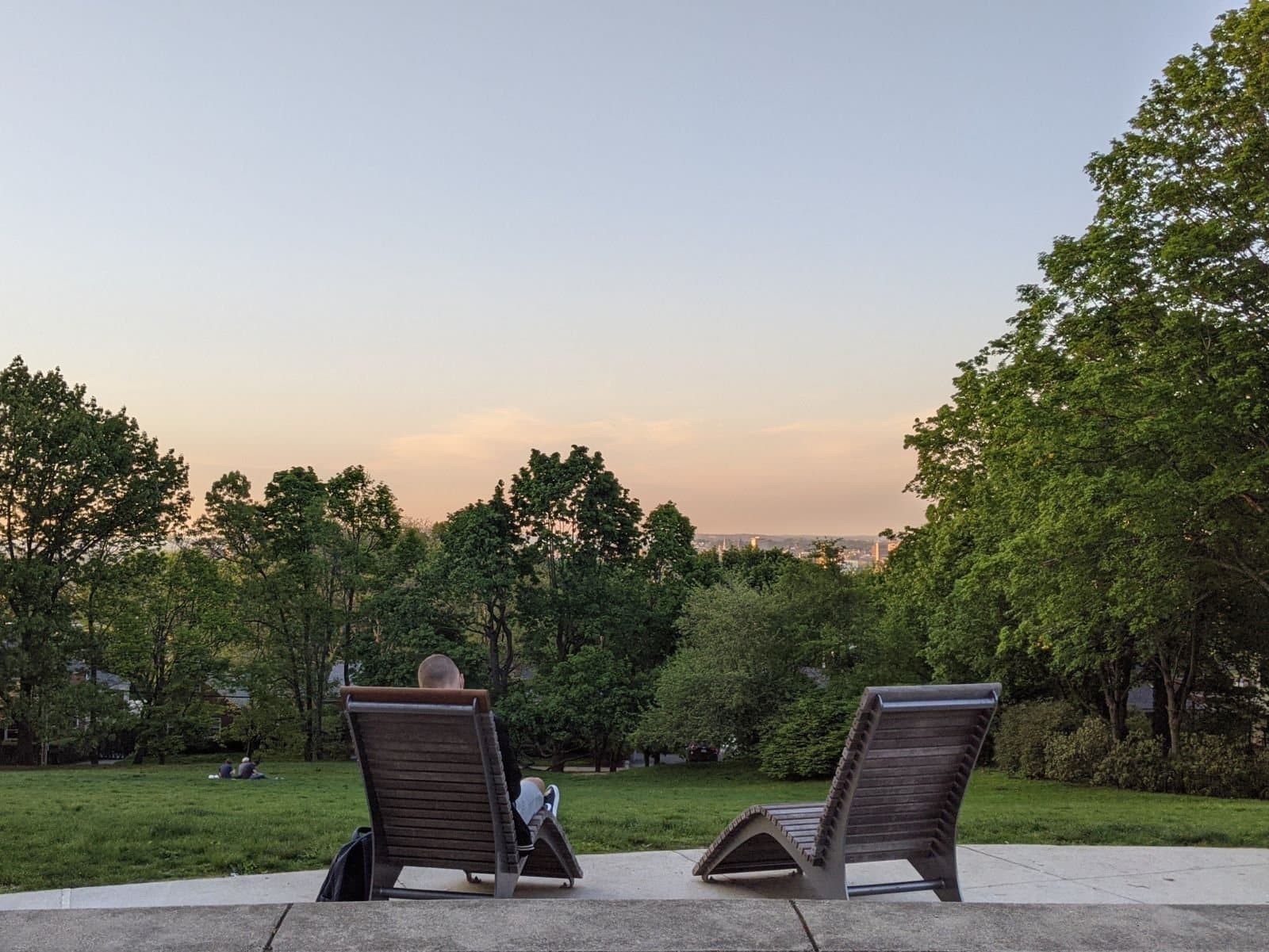sunset at Corey Hill Park from lounge chairs