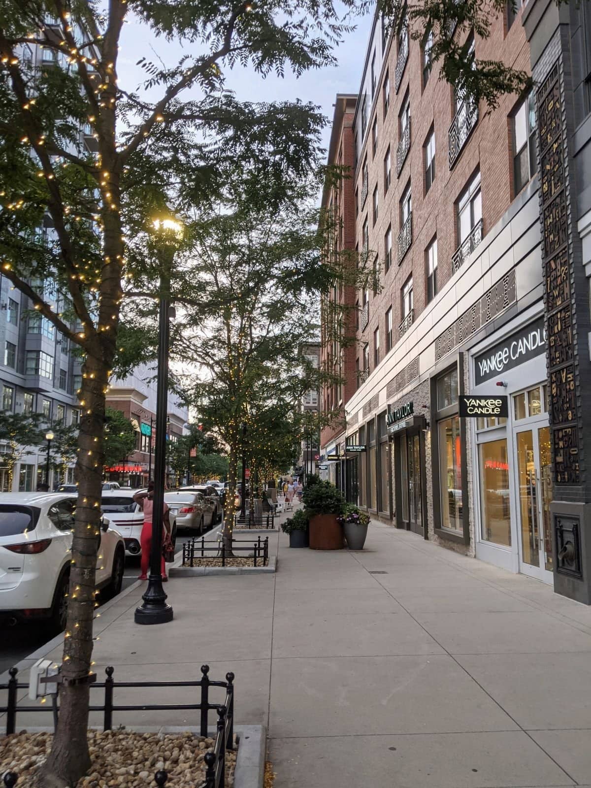 The shops at Assembly Row in the early evening