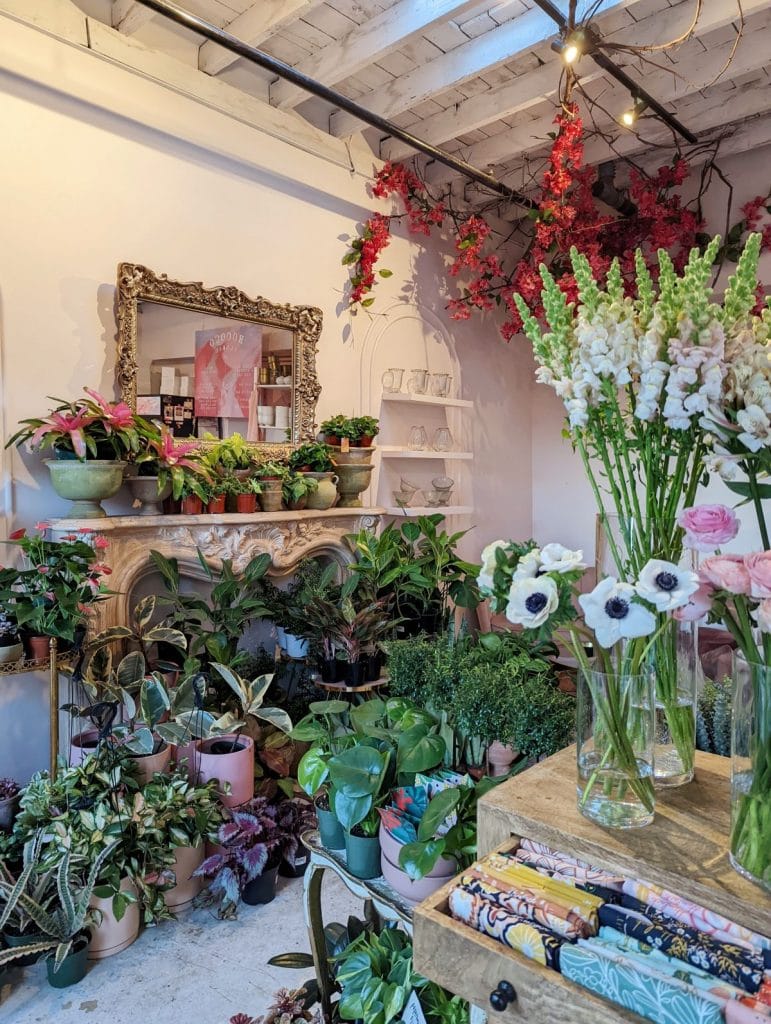 Floral displays at a flower shop in Bow Market