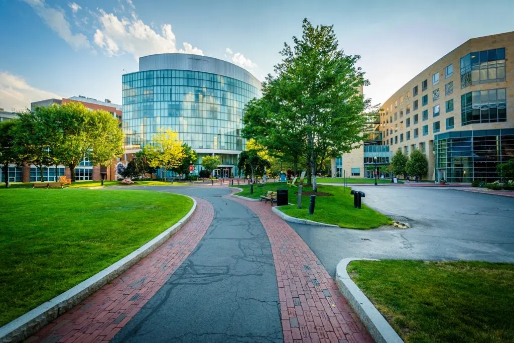 Walkway and buildings at Northeastern University, in Boston, Massachusetts.